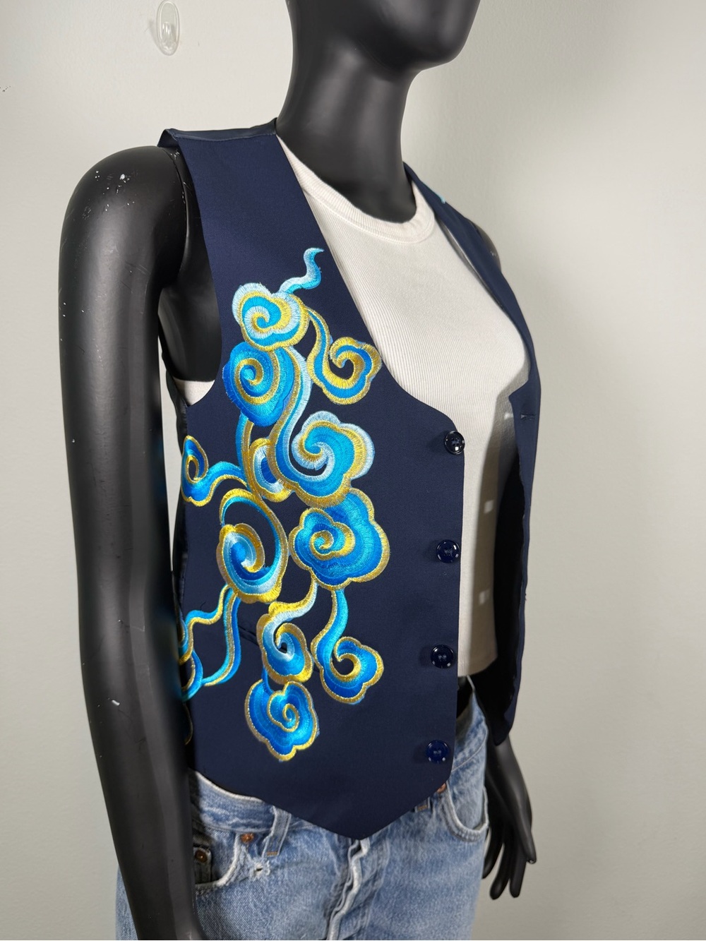 Perry Ellis Navy Embroidered Tank Vest with Turquoise & Gold Swirls